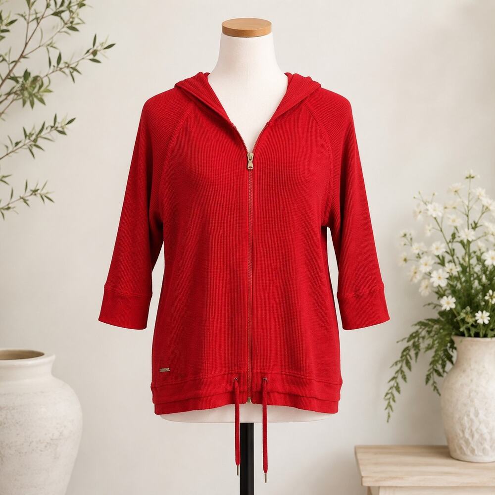 Lauren Ralph Lauren L-RL Active Red Waffle Knit Zip Hoodie Women's L 3/4 Sleeve